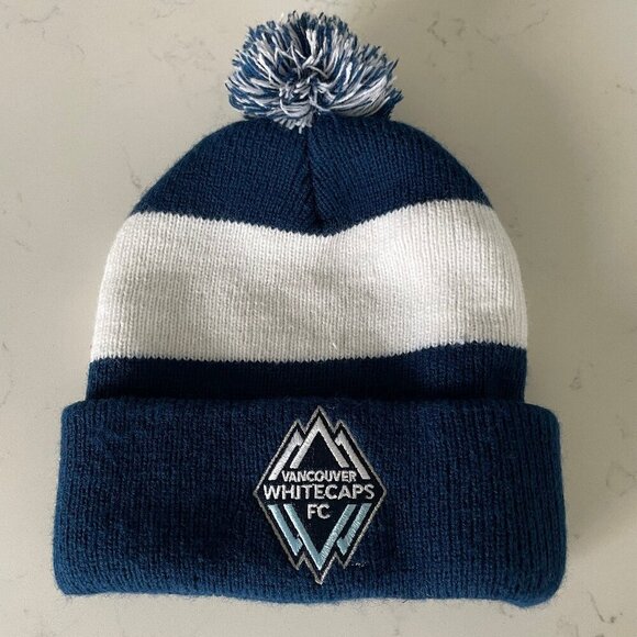 Acrylic Colorblock Turned Up Rim Knit Toque Pom Pom Vanc Whitecaps Blue Wht OS - Picture 1 of 5
